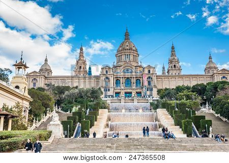 Barcelona - March, 2018: Magic Fountain Of Montjuic And The Museu Nacional De Art De Catalunya