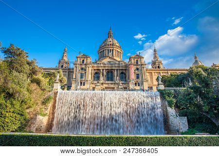 Barcelona - March, 2018: Magic Fountain Of Montjuic And The Museu Nacional De Art De Catalunya