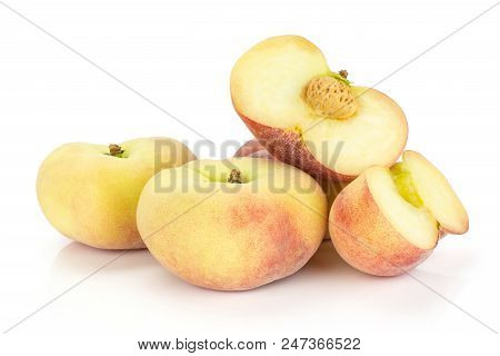 Fresh Ripe Saturn Peaches Stack And Two Sliced Halves Isolated On White Background