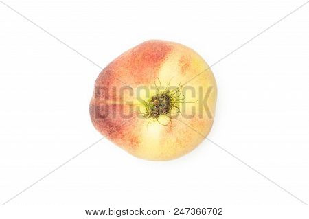 One Fresh Ripe Saturn Peach Flatlay Isolated On White Background