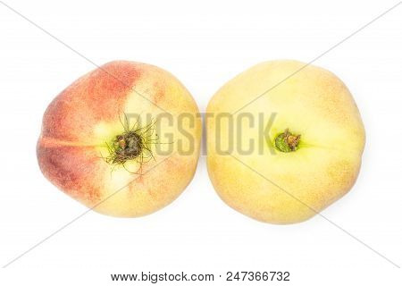 Two Fresh Ripe Saturn Peaches Flatlay Isolated On White Background