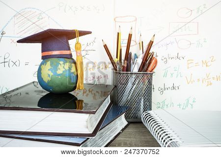 Graduated Study Abroad International Conceptual, Graduation Hat On Top Earth Globe Model Map With Fo
