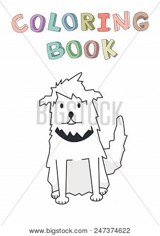 Shaggy Cur Pet With Collar. Funny Smiling Shaggy Dog Cartoon Character. Contour Vector Illustration 