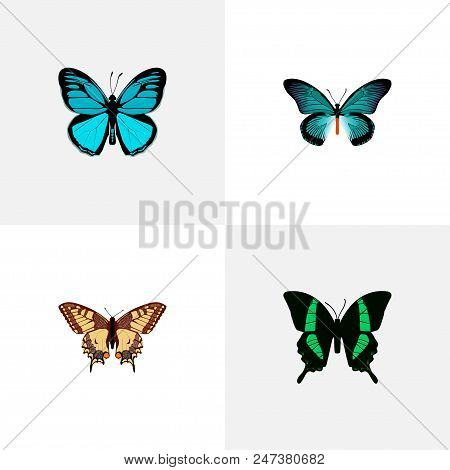 Set Of Beauty Realistic Symbols With Tailed-blue, Checkerspot, Tropical Moth And Other Icons For You