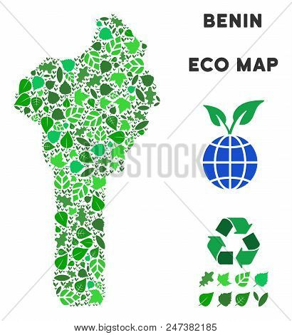Ecology Benin Map Composition Of Floral Leaves In Green Color Hues. Ecological Environment Vector Co