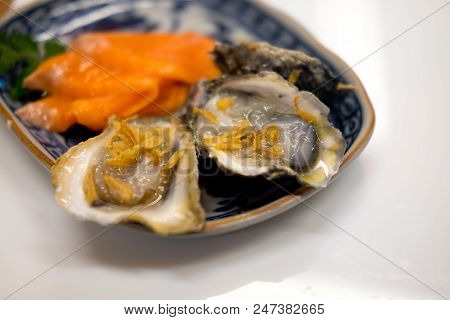 Tasty Fresh Oysters On Plate. Aphrodisiac Food For Increasing Sexual Desire