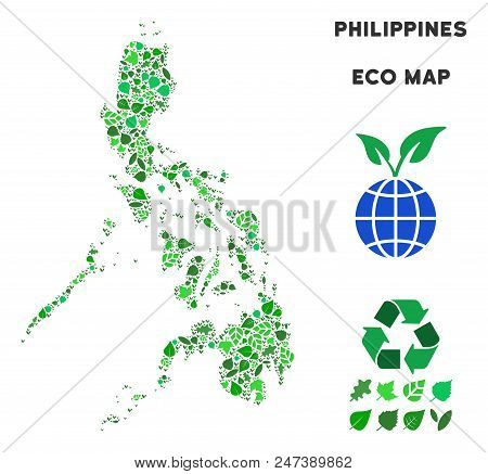 Ecology Philippines Map Composition Of Floral Leaves In Green Color Tints. Ecological Environment Ve