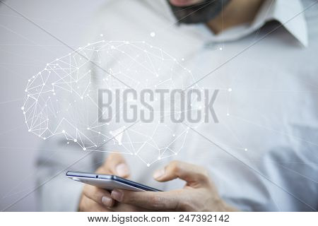 Man Hand  Phone With Barin In Screen