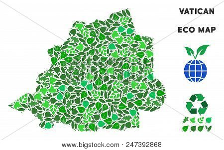 Ecology Vatican Map Collage Of Herbal Leaves In Green Color Tinges. Ecological Environment Vector Co