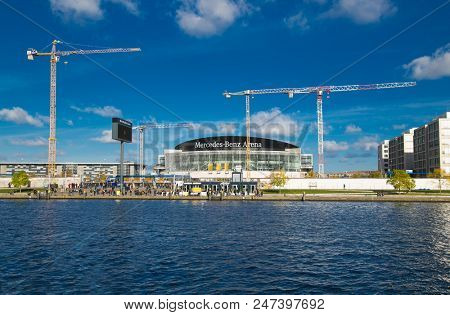 Berlin, Germany-Oct 30, 2016:Mercedes Benz Arena from river side in Berlin on Oct 30, 2016. Germany.Mercedes Benz Arena ( formally :The O2 World Arena) holds important sports entertain