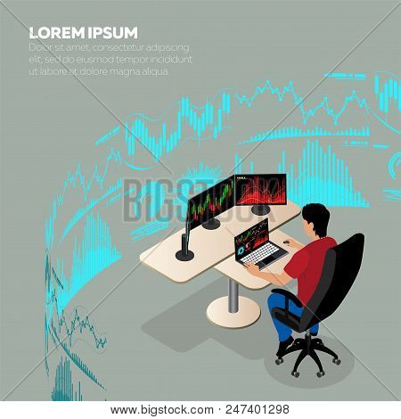 A Man Working On The Computer. Isometric 3d Vector Illustration. Businessman Or Stock Market Trader 
