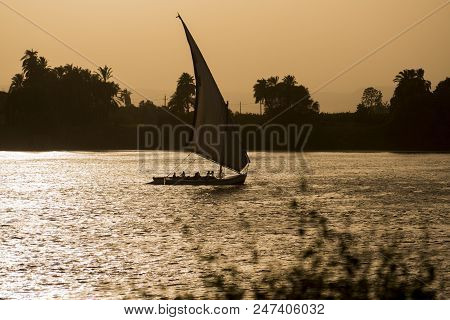 Traditional Felluca Sailing Boat Silhouette At Sunset