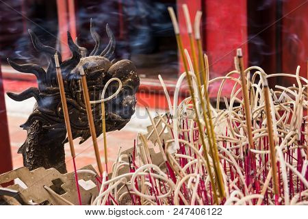 Hanoi, Vietnam - October 21, 2017: Detailed Decorative Pattern Of Dragon Joss Stick Incense Pot Insi