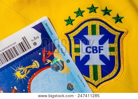 June 25, 2018 Moscow, Russia. Tickets For The  Fifa World Cup 2018 Soccer Match On The Brazil Nation