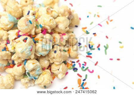 Caramel Popcorn With Blue Drizzle And Sprinkles