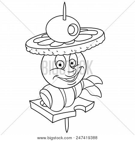 Coloring Page. Coloring Book. Salmon Fish Canape. Happy Food Concept. Cartoon Design For T-shirt Pri