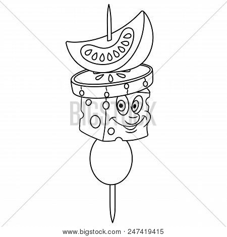 Coloring Page. Coloring Book. Canape With Vegetables. Happy Food Concept. Cartoon Design For T-shirt