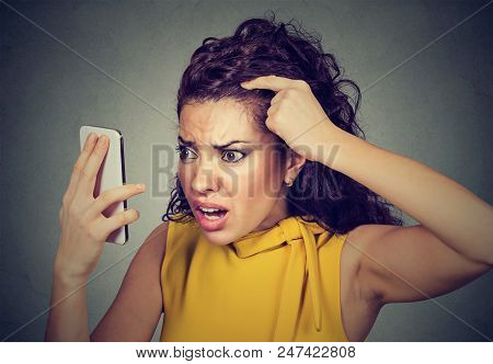 Closeup Unhappy Upset Woman Surprised She Is Losing Hair Has Receding Hairline. Human Face Expressio