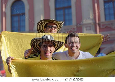 ST. PETERSBURG, RUSSIA - JUNE 28, 2018: Colombian football fans make photo at FIFA Fan Fest in Saint Petersburg during the FIFA World Cup 2018 match Colombia vs Senegal. Colombia won 1-0