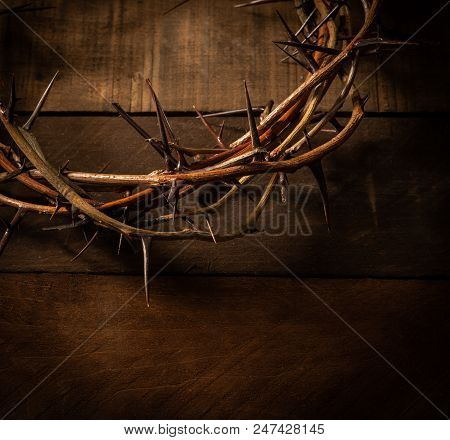 An Authentic Crown Of Thorns On A Wooden Background. Easter Theme