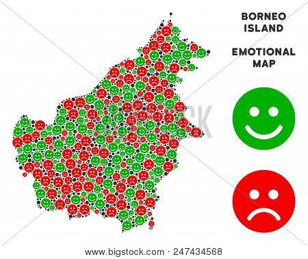 Emotion Borneo Island Map Composition Of Emojis In Green And Red Colors. Positive And Negative Mood 