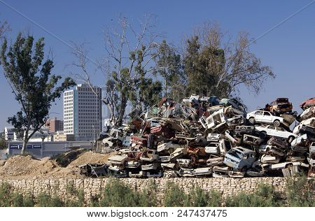 Beer Sheva, Israel - June 13, 2008: Dump Of Old Cars On The Outskirts Of The City