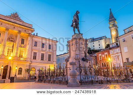 Spectacular Evening View Of Tartini Square In Old Town Piran In Slovenia. Traveling Concept. Beautif