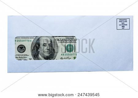 American Money in an Envelope. Money in the mail. Bribe or Pay off of Government Officials in cash for democratic favors. 