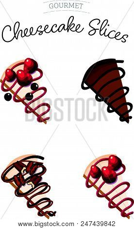 Slices Of Mixed Berry, Chocolate, Chocolate And Caramel Turtle, And Strawberry Cheesecake From A Top