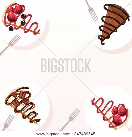 Vector Graphic Of Strawberry, Chocolate And Caramel Turtle, Mixed Berry, And Chocolate Cheesecake On