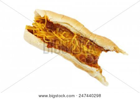 Hot Dog with Chili con carnie and cheese. Isolated on white. Room for text. Chili Dog. Chili Cheese Hotdog. 