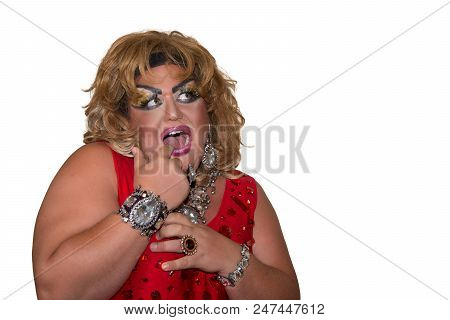 Funny Travesty Actor. Drag Queen In Red. Feelings And Emotions. Fat Man And Make-up. Game