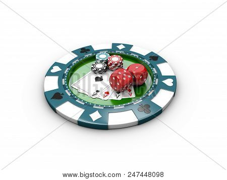 3d Illustration Of Cubes For Poker, Casino Chips And Poker Cards.