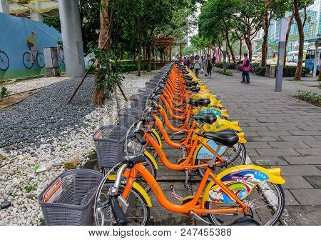 Taipei, Taiwan - Jan 8, 2016. Ubike For Rent On Street In Taipei, Taiwan. Youbike (ubike) Is A Large