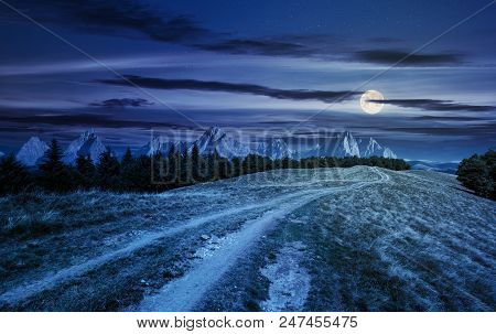 Road Through Forested Mountain Ridge At Night In Full Moon Light. Beautiful Composite Landscape With