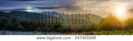 Time Change Concept Over The Carpathian Mountains. Panorama With Sun And Moon In The Sky. Beautiful 