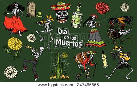 Day Of The Dead. Mexican National Holiday. Original Inscription In Spanish Dia De Los Muertos. Skele