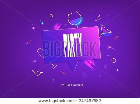 Party Flyer With Speech Bubble Shape. Linear Poster For Holiday Design With Shine And Geometric Deco