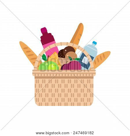Wicker Picnic Basket With Fruit  And French Bread. Summer Picnic Concept  For Web Banners, Web Sites