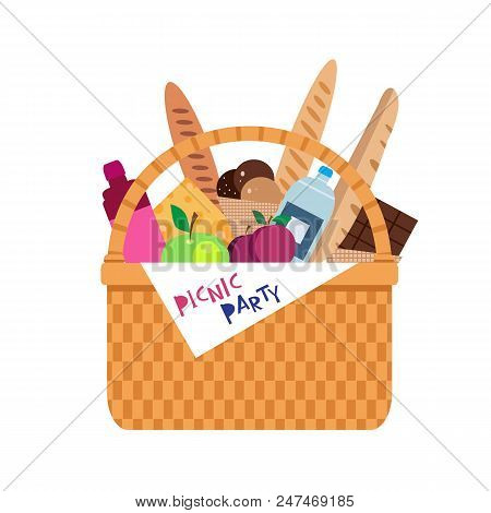 Wicker Picnic Basket With Fruit  And French Bread. Summer Picnic Concept  For Web Banners, Web Sites