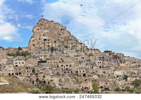 Uchisar Castle In Cappadocia, Nevsehir, Turkey. The Special Stone Formation Of Cappadocia.