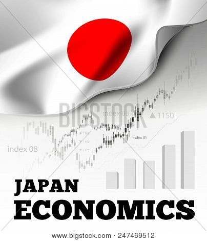 Japan Economics Vector Illustration With Japanese Flag And Business Chart, Bar Chart Stock Numbers B