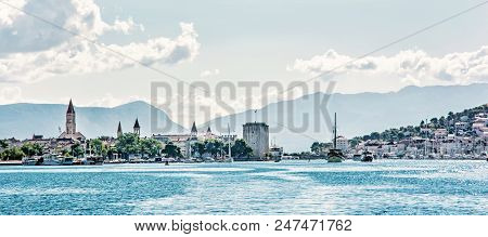 Panoramic Photo Of The Old Town Trogir And Ciovo Island With Harbor. Summer Vacation. Travel Destina