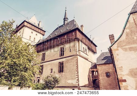 Karlstejn Is A Large Gothic Castle Founded 1348 By Charles Iv In Czech Republic. Ancient Architectur