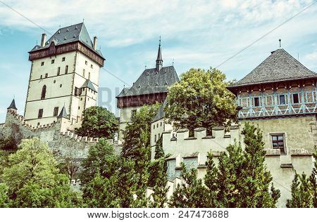 Karlstejn Is A Large Gothic Castle Founded 1348 By Charles Iv In Czech Republic. Ancient Architectur