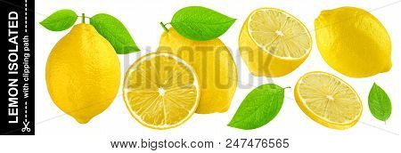 Lemon Isolated On White Background. One Whole Lemon And Half Isolated On White Background With Clipp