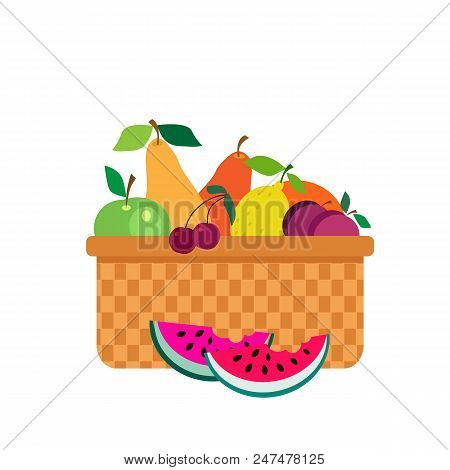 Wicker Picnic Basket With Fruit  And French Bread. Summer Picnic Concept  For Web Banners, Web Sites
