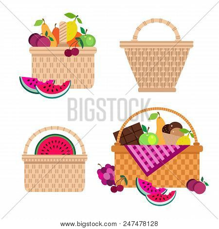 Wicker Picnic Basket With Fruit  And French Bread. Summer Picnic Concept  For Web Banners, Web Sites