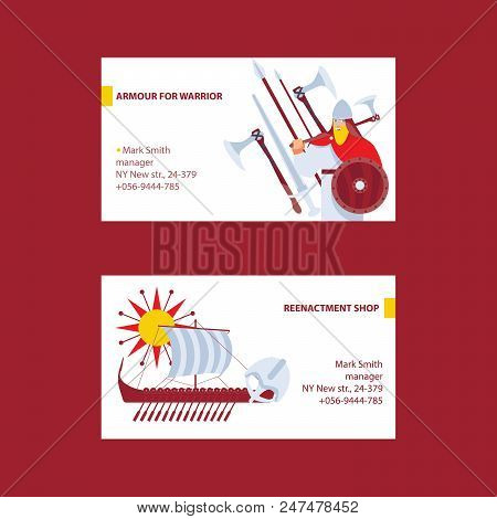 Vector Business Cards With Viking Warrior Objects, Longship, Armour And Male Character On White Back