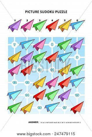 Picture Sudoku Puzzle 6x6 (one Block) With Colorful Paper Planes. Answer Included.
